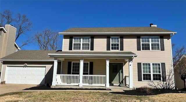 view of front of property featuring a porch, concrete driveway, roof with shingles, a chimney, and a garage