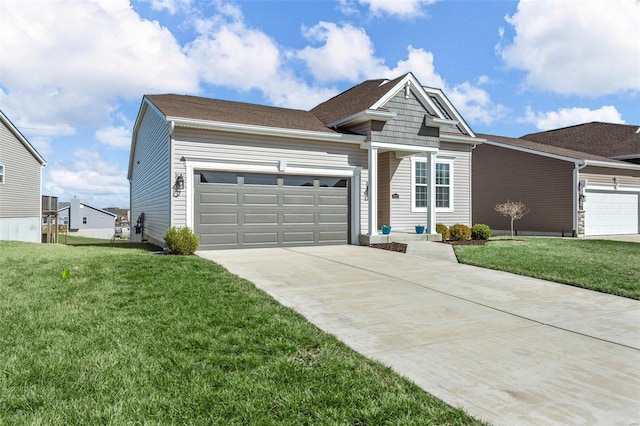 ranch-style home with a front yard, driveway, and an attached garage