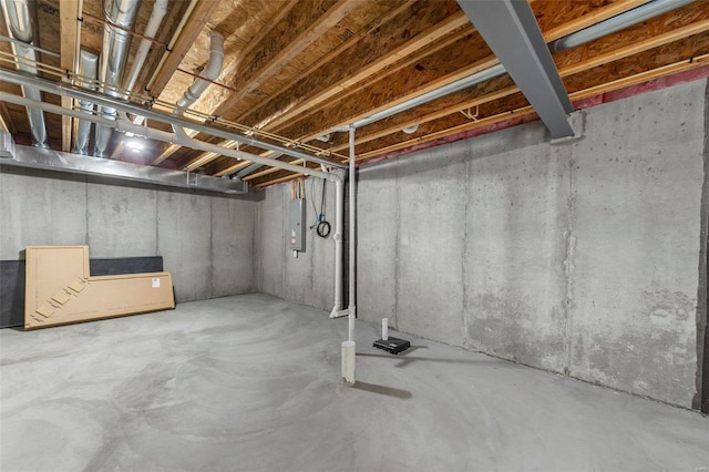 unfinished basement featuring electric panel