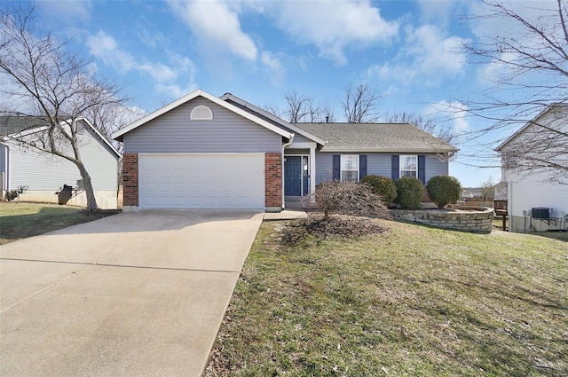 ranch-style home featuring brick siding, driveway, a front yard, and a garage