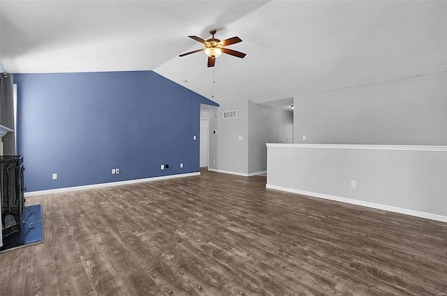 unfurnished living room featuring visible vents, lofted ceiling, wood finished floors, baseboards, and ceiling fan