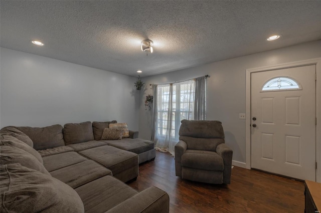 living area featuring a textured ceiling, wood finished floors, and recessed lighting