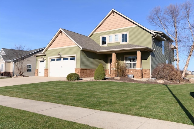 craftsman-style house with concrete driveway, an attached garage, brick siding, and a front lawn