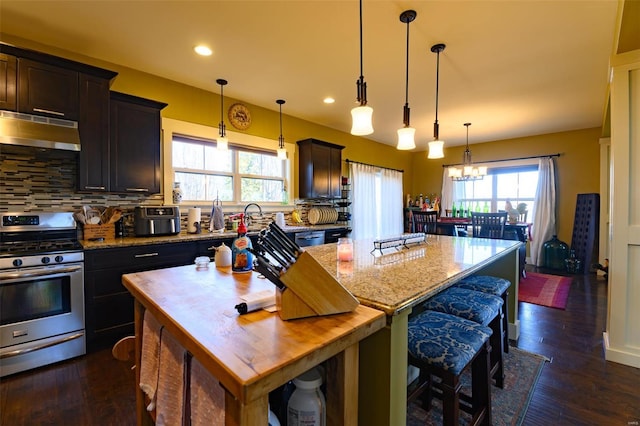 kitchen featuring a kitchen island, light stone countertops, under cabinet range hood, stainless steel range with gas stovetop, and decorative backsplash