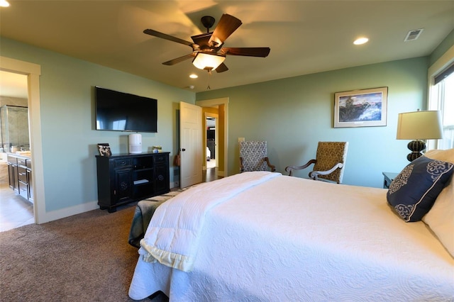 bedroom featuring recessed lighting, visible vents, carpet flooring, and baseboards