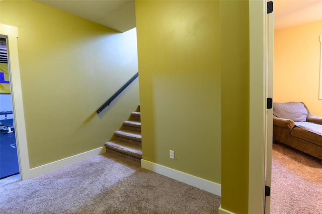 stairway with carpet flooring and baseboards