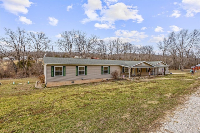 view of front of house with crawl space, covered porch, gravel driveway, and a front yard