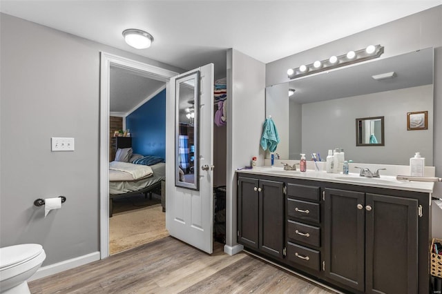 ensuite bathroom with double vanity, toilet, wood finished floors, ensuite bathroom, and a sink