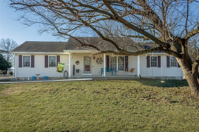 single story home with a porch and a front yard