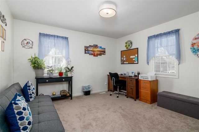 office with light carpet, baseboards, and a wealth of natural light