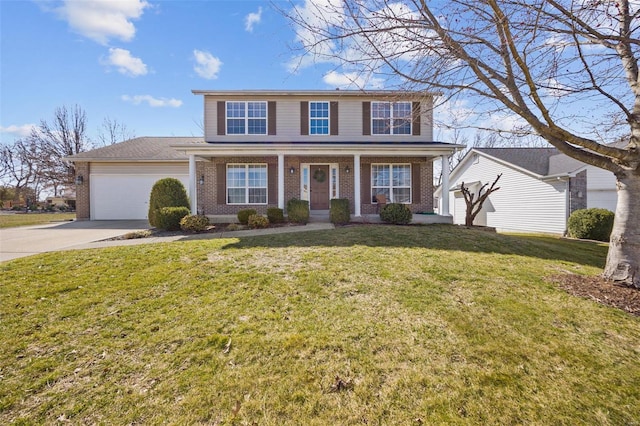 view of front of house featuring a front yard, an attached garage, covered porch, concrete driveway, and brick siding