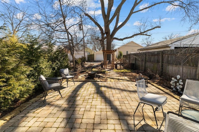 view of patio / terrace featuring an outbuilding and a fenced backyard