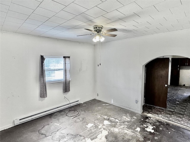 unfurnished room featuring arched walkways, ceiling fan, and baseboard heating