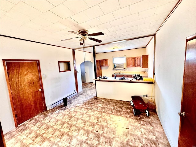 unfurnished living room featuring arched walkways, ceiling fan, and light floors