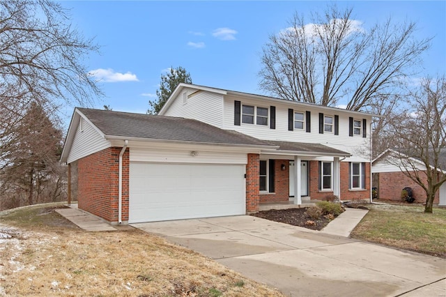 view of front facade with concrete driveway, brick siding, and an attached garage