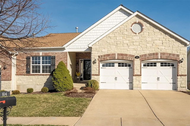 view of front of property with a front yard, an attached garage, brick siding, and driveway