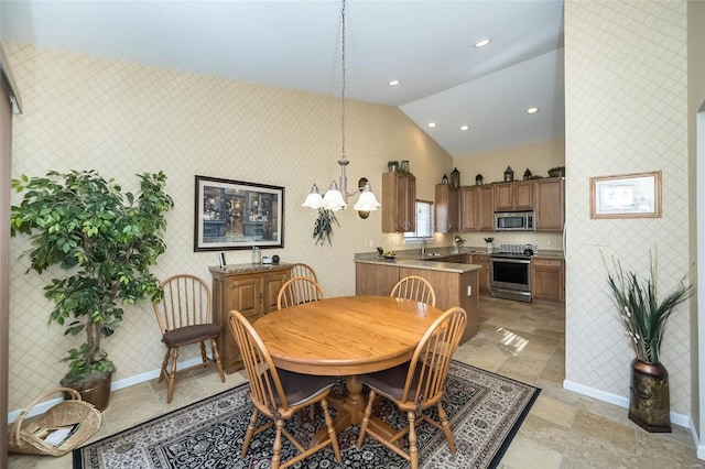 dining area featuring recessed lighting, baseboards, vaulted ceiling, and wallpapered walls