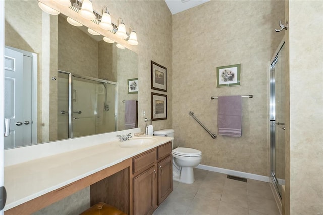 full bathroom with visible vents, tile patterned flooring, a shower stall, a towering ceiling, and toilet