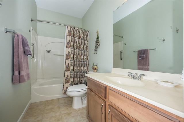 full bathroom with tile patterned flooring, toilet, vanity, and shower / bathtub combination with curtain