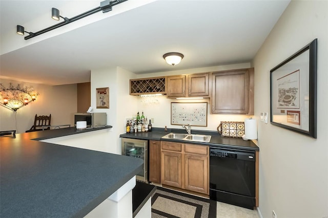 kitchen with beverage cooler, a sink, stainless steel microwave, black dishwasher, and dark countertops