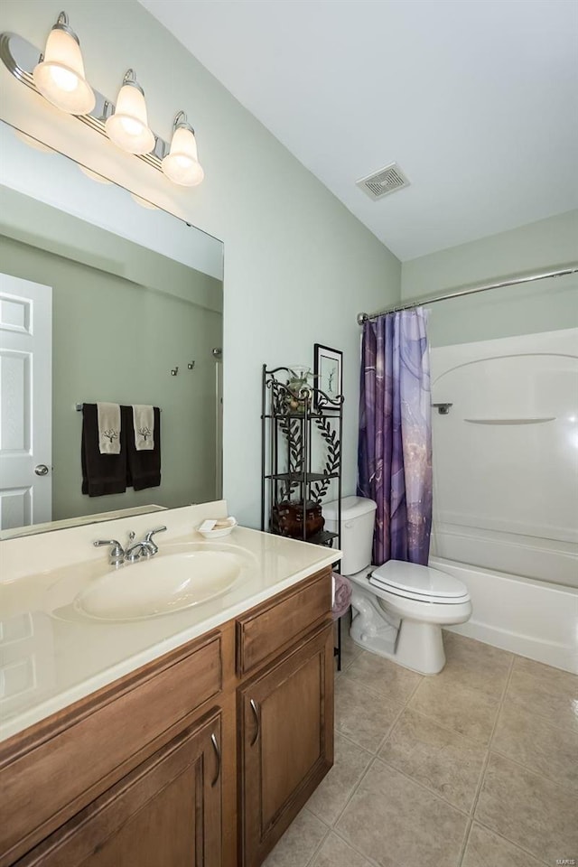 full bathroom featuring tile patterned flooring, visible vents, toilet, vanity, and shower / bathtub combination with curtain