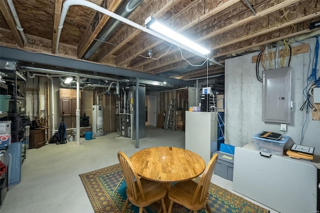 unfinished basement featuring electric panel and gas water heater