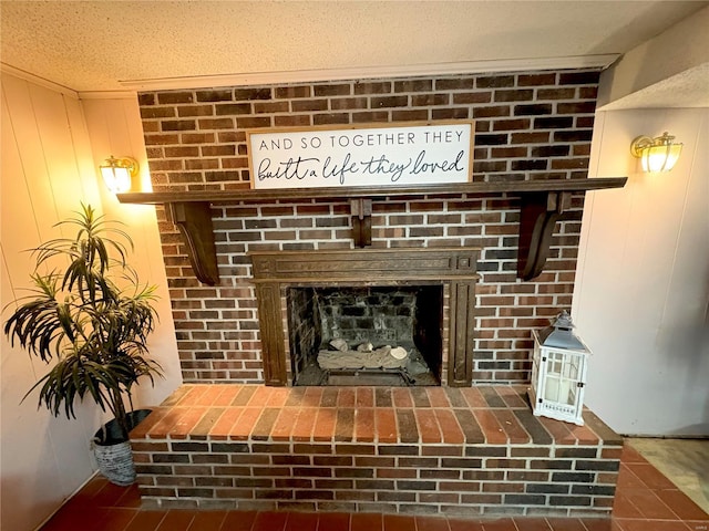 room details with a brick fireplace and a textured ceiling