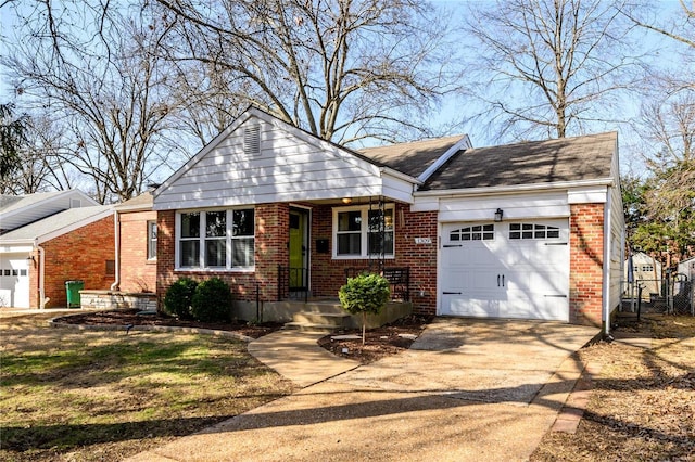 view of front of home with concrete driveway, an attached garage, fence, and brick siding