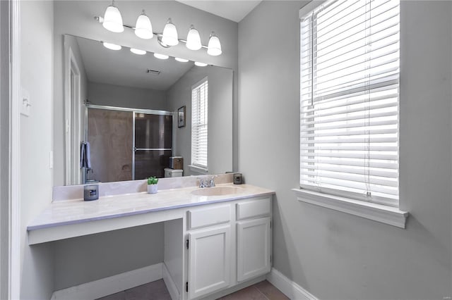 full bathroom with vanity, visible vents, baseboards, and a shower with door