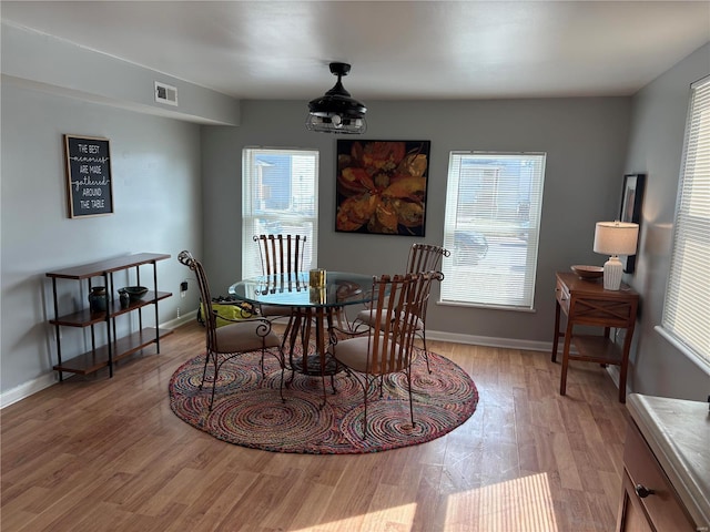 dining area with wood finished floors, visible vents, and baseboards