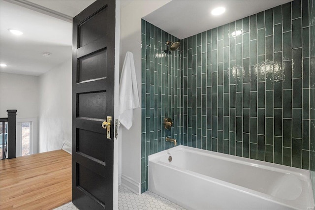 full bathroom with recessed lighting, shower / bathtub combination, and tile patterned flooring