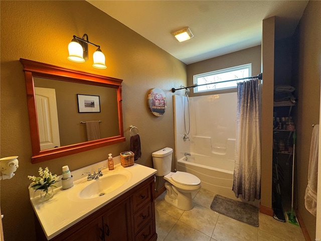 bathroom with tile patterned floors, vanity, toilet, and shower / bathtub combination with curtain