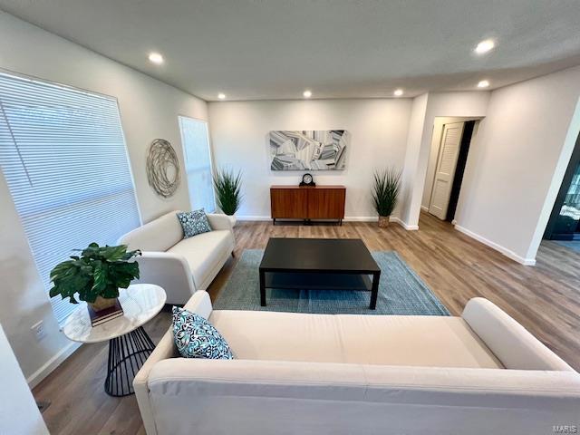 living area with recessed lighting, baseboards, and wood finished floors