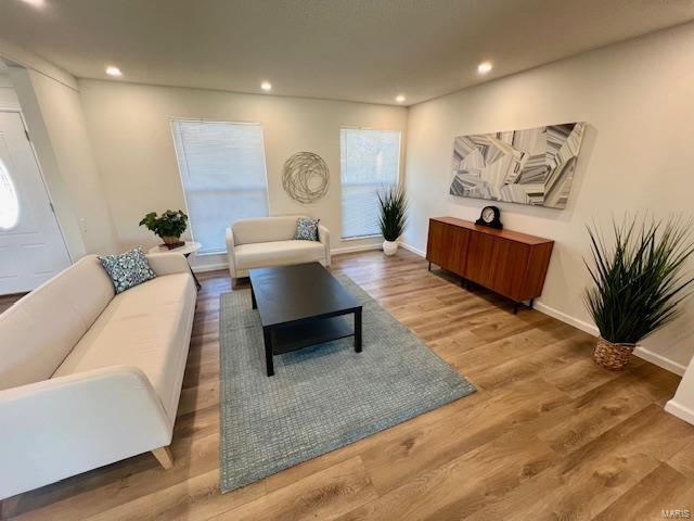 living area with recessed lighting, baseboards, and wood finished floors