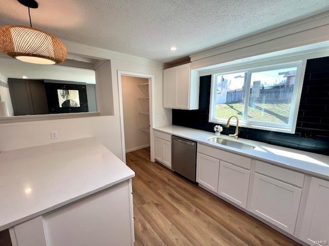 kitchen featuring stainless steel dishwasher, light wood finished floors, white cabinetry, and a sink