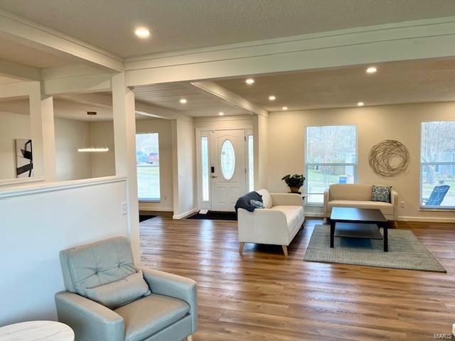 living room with recessed lighting, baseboards, plenty of natural light, and wood finished floors