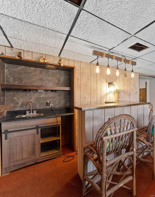 interior space featuring a paneled ceiling, wood walls, carpet floors, and a sink