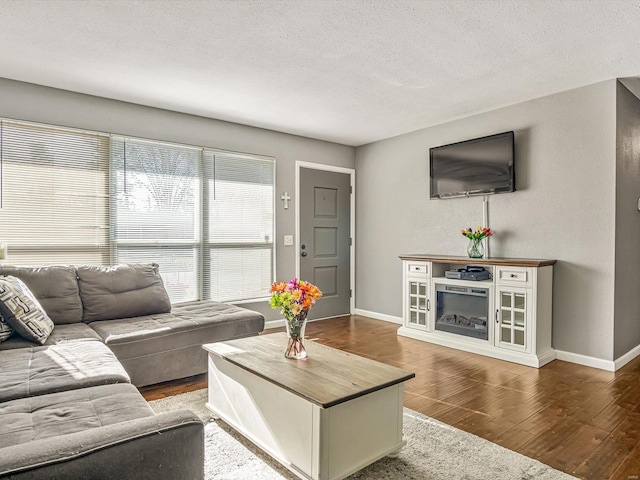 living room with wood finished floors, baseboards, and a textured ceiling