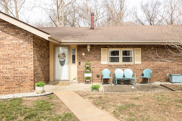 view of exterior entry featuring brick siding, a patio area, and roof with shingles