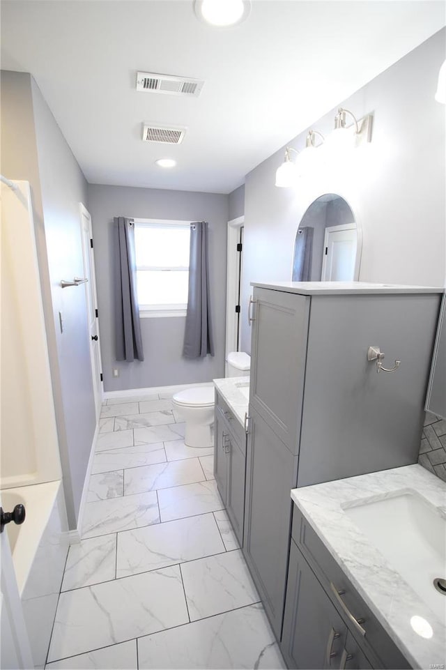 full bath featuring marble finish floor, visible vents, baseboards, and toilet