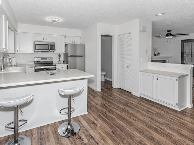 kitchen featuring a peninsula, a sink, stainless steel appliances, light countertops, and dark wood-type flooring