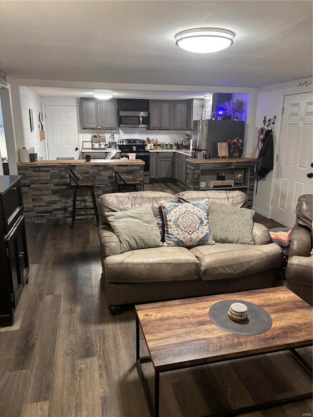 living area with dark wood finished floors and a textured ceiling