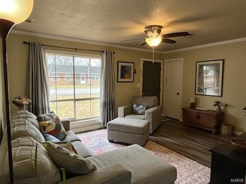 living room featuring ceiling fan, ornamental molding, a textured ceiling, and wood finished floors