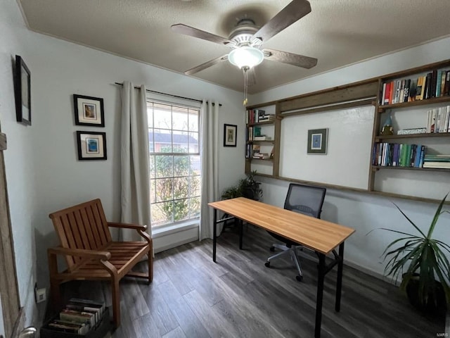 office area featuring wood finished floors, a ceiling fan, and a healthy amount of sunlight