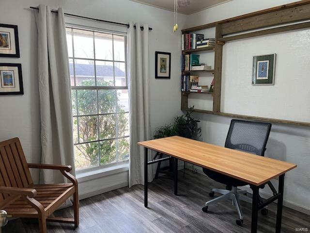 office space with baseboards and wood finished floors