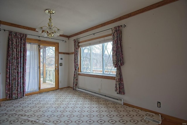 spare room featuring a baseboard radiator, baseboards, and a notable chandelier