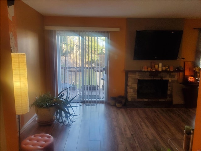 living room featuring a stone fireplace and wood finished floors