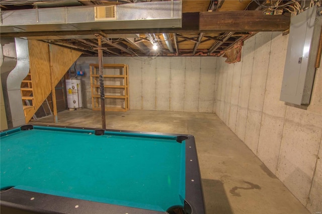 recreation room featuring water heater, pool table, visible vents, and electric panel