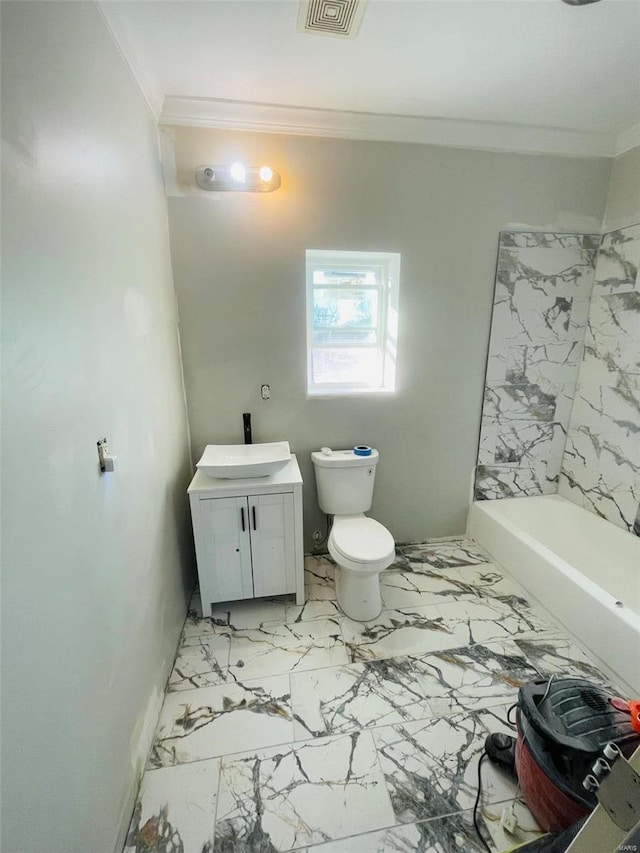 bathroom with toilet, marble finish floor, visible vents, and ornamental molding