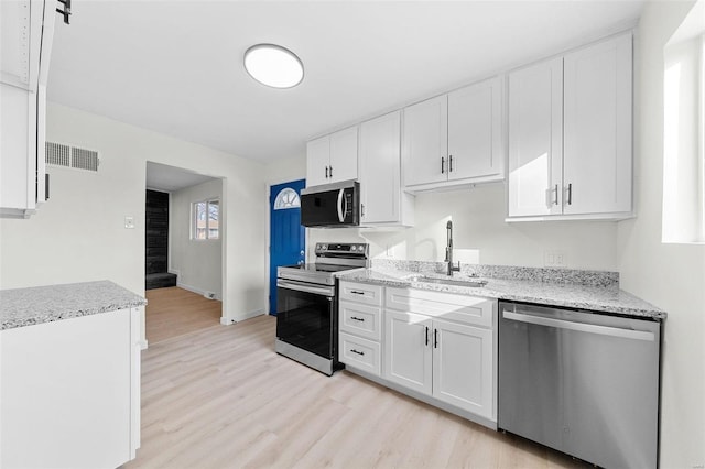 kitchen featuring light wood finished floors, visible vents, appliances with stainless steel finishes, white cabinets, and a sink